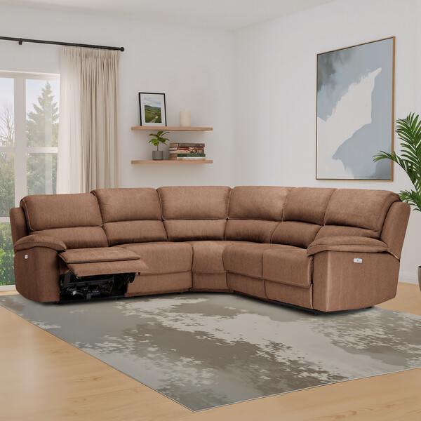 Plush Brown Fabric Sofas - Modular 5 Seat Corner Recliner - Goodwood Range - Oak Furnitureland