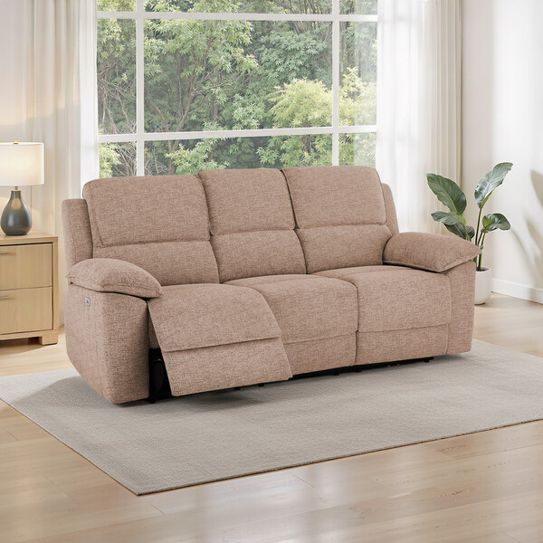 Jetta Beige Fabric Sofas - 3 Seater Electric Recliner Sofa - Goodwood Range - Oak Furnitureland