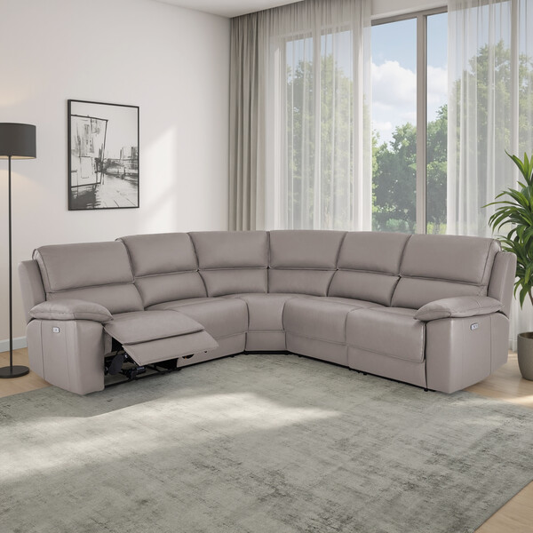 Light Grey Leather Sofas - Modular 5 Seat Corner Recliner - Goodwood Range - Oak Furnitureland