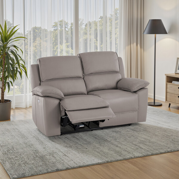 Light Grey Leather Sofas - 2 Seater Electric Recliner Sofa - Goodwood Range - Oak Furnitureland