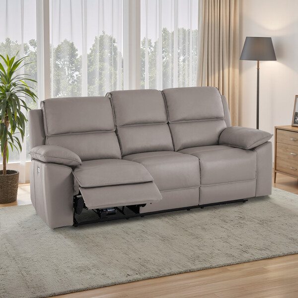 Light Grey Leather Sofas - 3 Seater Electric Recliner Sofa - Goodwood Range - Oak Furnitureland