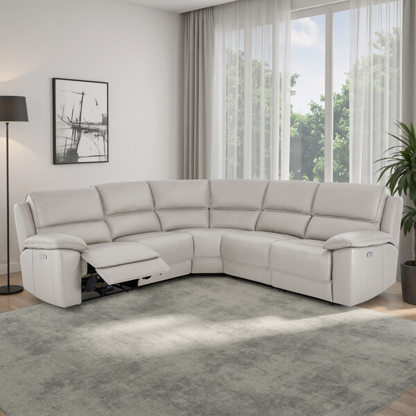 Off White Leather Sofas - Modular 5 Seat Corner Recliner - Goodwood Range - Oak Furnitureland