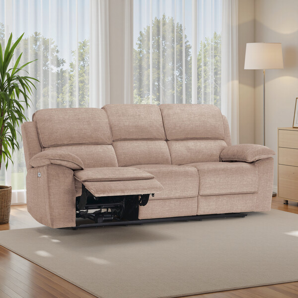 Plush Beige Fabric Sofas - 3 Seater Electric Recliner Sofa - Goodwood Range - Oak Furnitureland