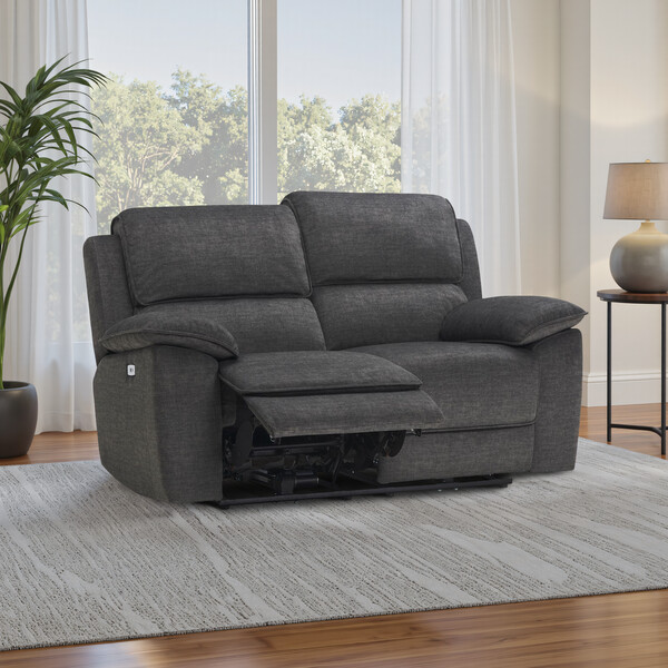 Plush Charcoal Fabric Sofas - 2 Seater Electric Recliner Sofa - Goodwood Range - Oak Furnitureland