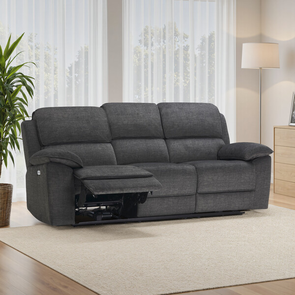 Plush Charcoal Fabric Sofas - 3 Seater Electric Recliner Sofa - Goodwood Range - Oak Furnitureland