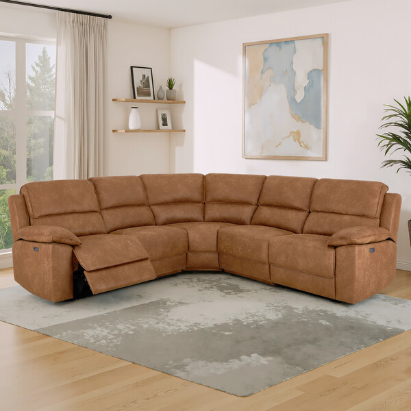 Ranch Brown Fabric Sofas - Modular 5 Seat Corner Recliner - Goodwood Range - Oak Furnitureland