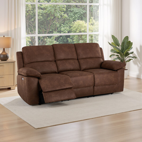 Ranch Dark Brown Fabric Sofas - 3 Seater Electric Recliner Sofa - Goodwood Range - Oak Furnitureland