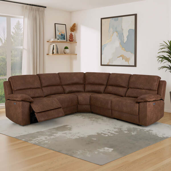 Ranch Dark Brown Fabric Sofas - Modular 5 Seat Corner Recliner - Goodwood Range - Oak Furnitureland