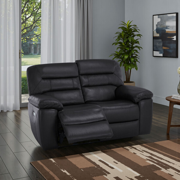 Black Leather Sofas - 2 Seater Electric Recliner Sofa - Hastings Range - Oak Furnitureland