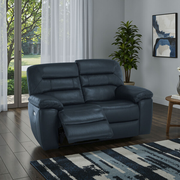 Blue Leather Sofas - 2 Seater Electric Recliner Sofa - Hastings Range - Oak Furnitureland