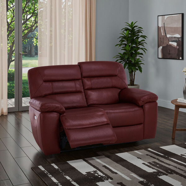 Burgundy Leather Sofas - 2 Seater Electric Recliner Sofa - Hastings Range - Oak Furnitureland