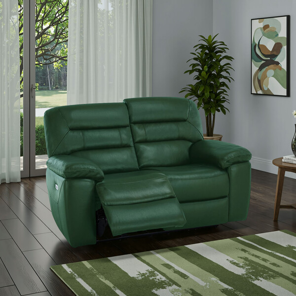 Green Leather Sofas - 2 Seater Electric Recliner Sofa - Hastings Range - Oak Furnitureland