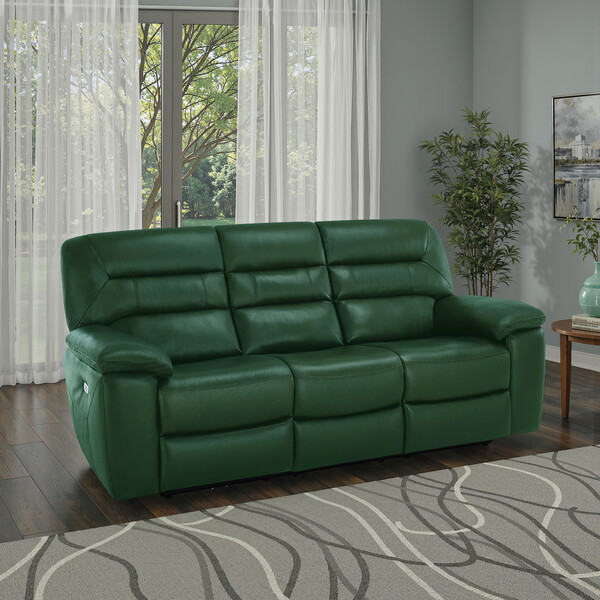 Green Leather Sofas - 3 Seater Electric Recliner Sofa - Hastings Range - Oak Furnitureland
