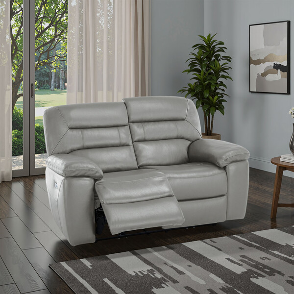 Light Grey Leather Sofas - 2 Seater Electric Recliner Sofa - Hastings Range - Oak Furnitureland