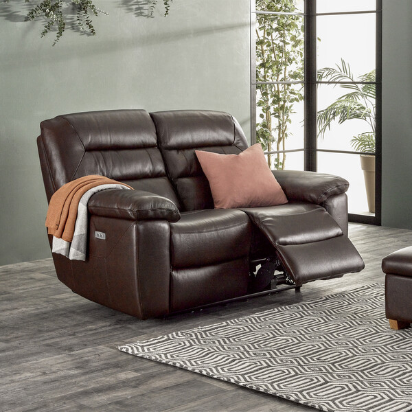 Two Tone Brown Leather Sofas - 2 Seater Electric Recliner Sofa - Hastings Range - Oak Furnitureland
