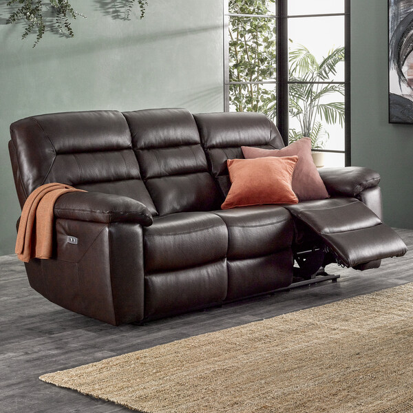 Two Tone Brown Leather Sofas - 3 Seater Electric Recliner Sofa - Hastings Range - Oak Furnitureland