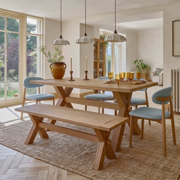 Highworth Natural Oak Dining Table 180cm with 5 Otis Cloud Grey Dining Chairs and 1 Highworth Bench - Oak Furnitureland