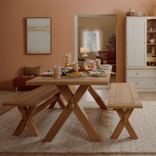 Highworth Natural Solid Oak Dining Table + 2 Highworth Natural Solid Oak Dining Benches - Oak Furnitureland