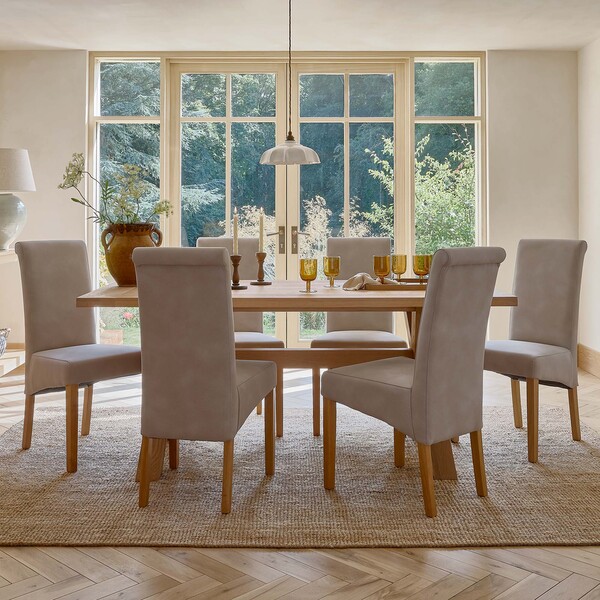 Highworth Natural Solid Oak Dining Table + 6 Scroll Back Chairs in Dappled Beige Fabric - Oak Furnitureland