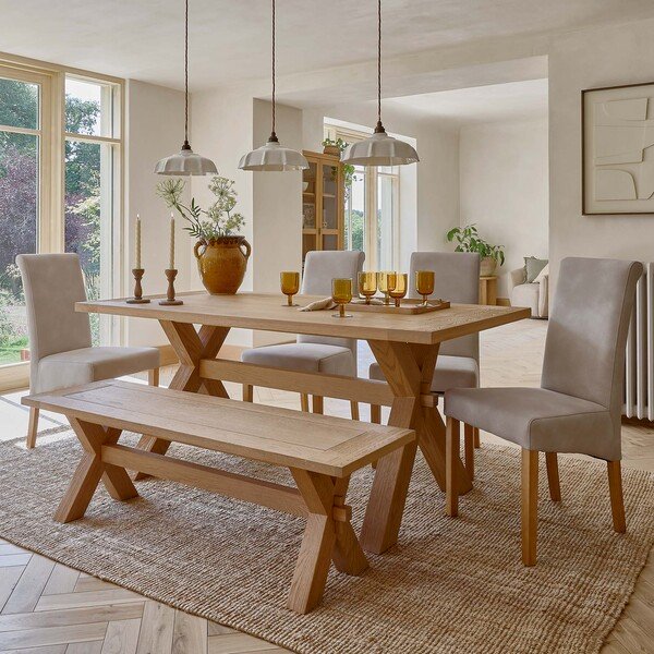 Highworth Natural Solid Oak Dining Table And 4 Scroll Back Chairs in Dappled Beige and 1 Highworth Bench - Oak Furnitureland