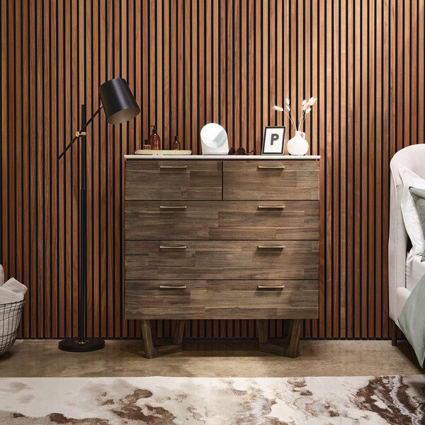 Solid Acacia & Italian Marble  Chest of Drawers - 5 Drawer Chest - Islington Range - Oak Furnitureland