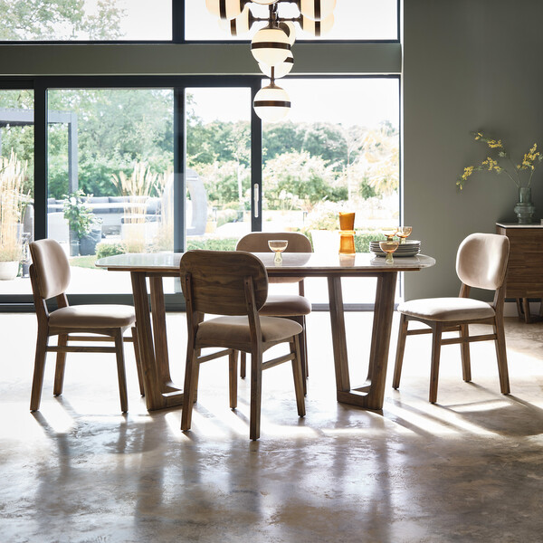 Islington Marble and Dark Acacia Dining Table + 4 Isla Fossil Velvet Dining Chairs - Oak Furnitureland