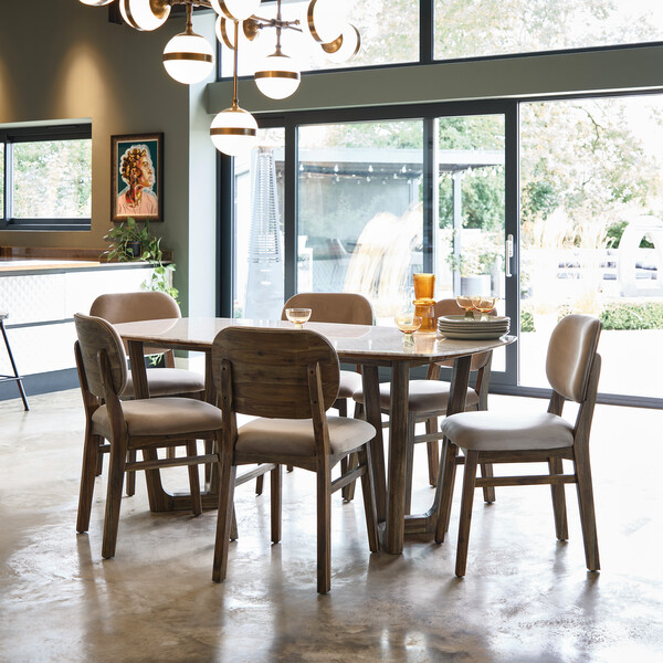 Islington Marble and Dark Acacia Dining Table + 6 Isla Fossil Velvet Dining Chairs - Oak Furnitureland
