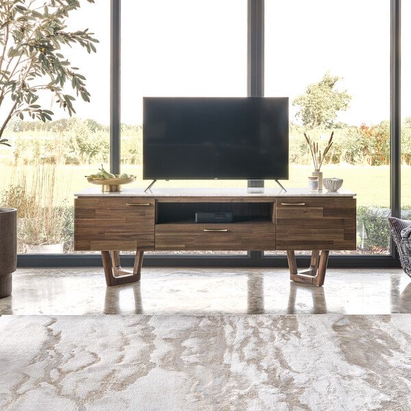 Solid Acacia & Italian Marble  TV Cabinets - Large TV Unit - Islington Range - Oak Furnitureland
