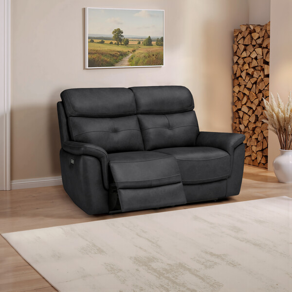 Amara Black Leather Sofas - 2 Seater Electric Recliner Sofa - Iver Range - Oak Furnitureland