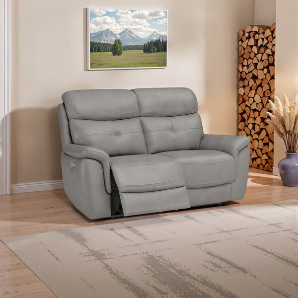 Amara Light Grey Leather Sofas - 2 Seater Electric Recliner Sofa - Iver Range - Oak Furnitureland