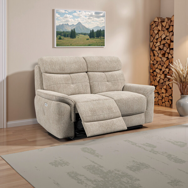 Jetta Beige Fabric Sofas - 2 Seater Electric Recliner Sofa - Iver Range - Oak Furnitureland