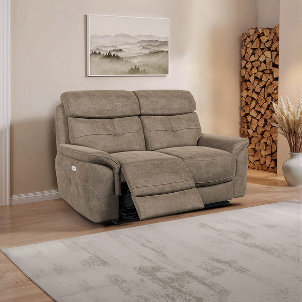 Miller Earth Brown Fabric Sofas - 2 Seater Electric Recliner Sofa - Iver Range - Oak Furnitureland