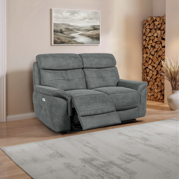 Miller Grey Fabric Sofas - 2 Seater Electric Recliner Sofa - Iver Range - Oak Furnitureland