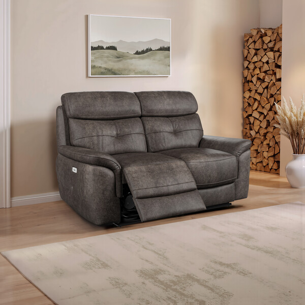 Pilgrim Pewter Fabric Sofas - 2 Seater Electric Recliner Sofa - Iver Range - Oak Furnitureland