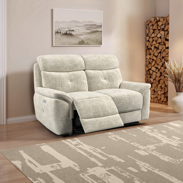 Plush Beige Fabric Sofas - 2 Seater Electric Recliner Sofa - Iver Range - Oak Furnitureland