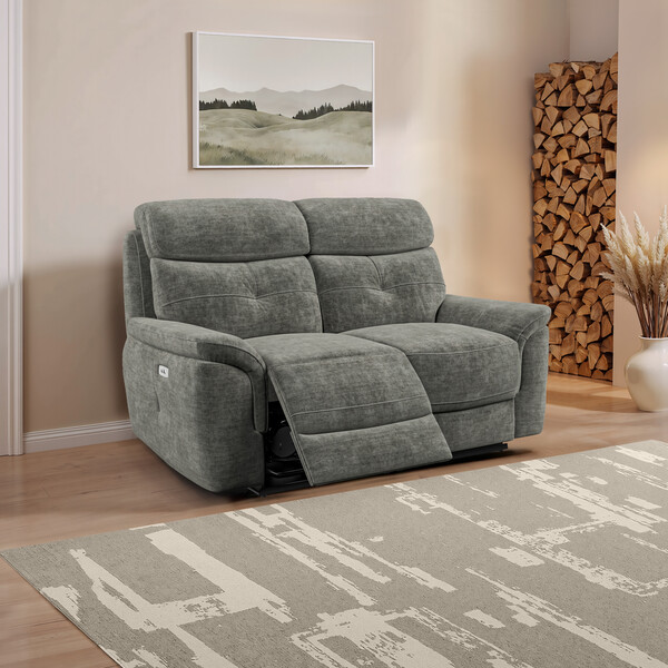 Plush Charcoal Fabric Sofas - 2 Seater Electric Recliner Sofa - Iver Range - Oak Furnitureland