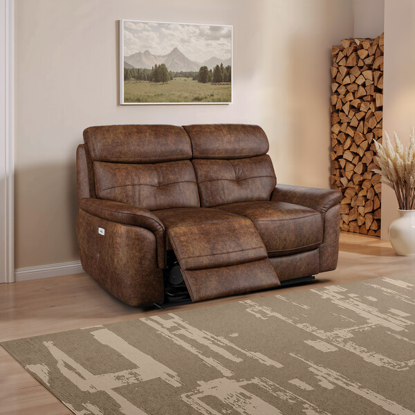 Ranch Dark Brown Fabric Sofas - 2 Seater Electric Recliner Sofa - Iver Range - Oak Furnitureland