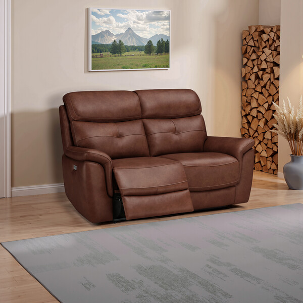 Virgo Chestnut Leather Sofas - 2 Seater Electric Recliner Sofa - Iver Range - Oak Furnitureland