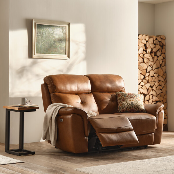 Virgo Cognac Leather Sofas - 2 Seater Electric Recliner Sofa - Iver Range - Oak Furnitureland