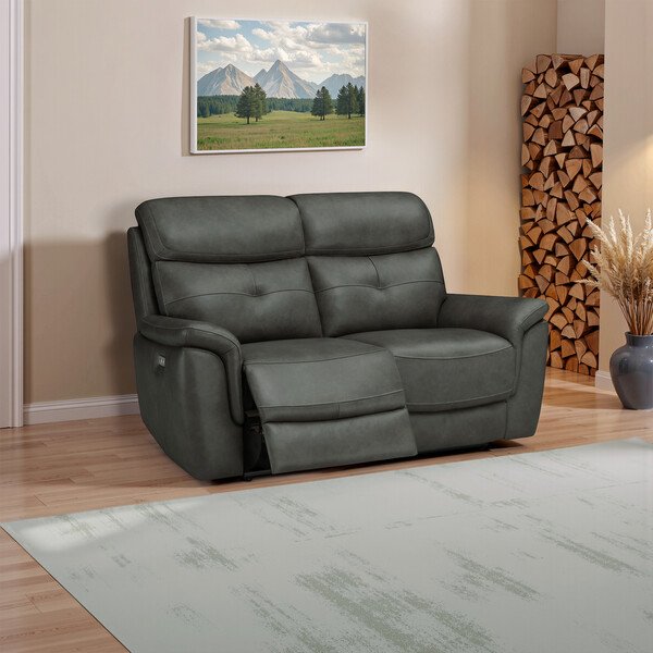 Virgo Lead Leather Sofas - 2 Seater Electric Recliner Sofa - Iver Range - Oak Furnitureland