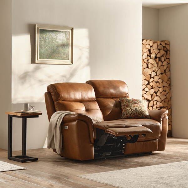 Virgo Cognac Leather Sofas - 2 Seater Electric Recliner Sofa with Power Headrests - Iver Range - Oak Furnitureland