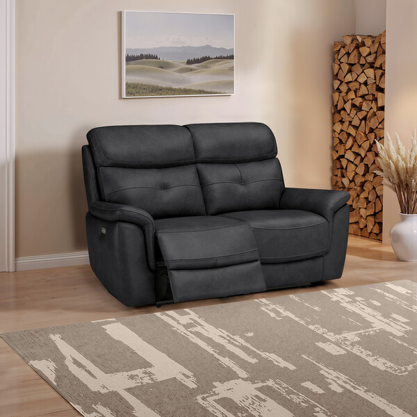 Amara Black Leather Sofas - 2 Seater Electric Recliner Sofa with Power Headrests - Iver Range - Oak Furnitureland