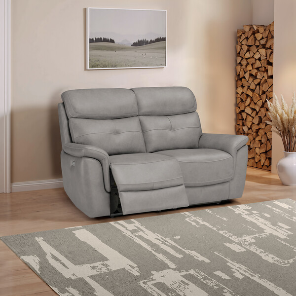 Amara Light Grey Leather Sofas - 2 Seater Electric Recliner Sofa with Power Headrests - Iver Range - Oak Furnitureland