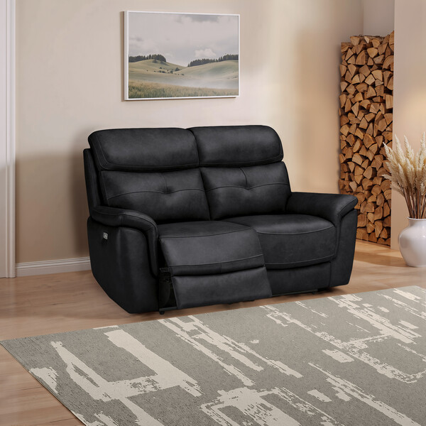 Odyssey Black Leather Sofas - 2 Seater Electric Recliner Sofa with Power Headrests - Iver Range - Oak Furnitureland