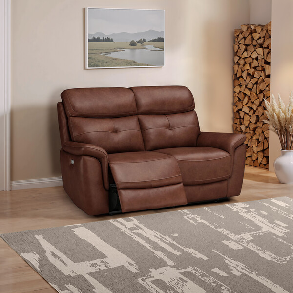 Virgo Chestnut Leather Sofas - 2 Seater Electric Recliner Sofa with Power Headrests - Iver Range - Oak Furnitureland