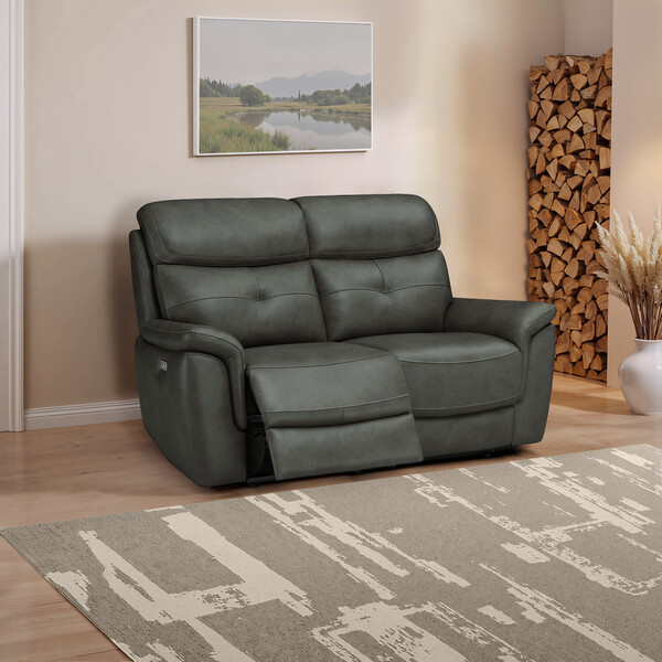 Virgo Lead Leather Sofas - 2 Seater Electric Recliner Sofa with Power Headrests - Iver Range - Oak Furnitureland