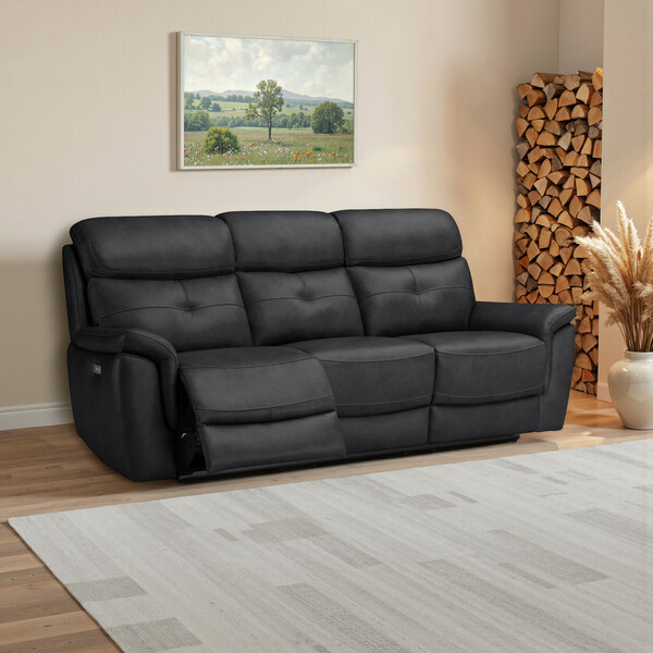 Amara Black Leather Sofas - 3 Seater Electric Recliner Sofa - Iver Range - Oak Furnitureland