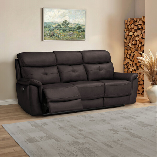 Amara Brown Leather Sofas - 3 Seater Electric Recliner Sofa - Iver Range - Oak Furnitureland