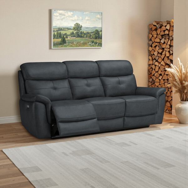 Amara Dark Grey Leather Sofas - 3 Seater Electric Recliner Sofa - Iver Range - Oak Furnitureland