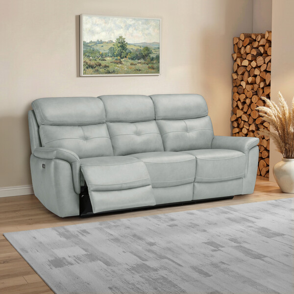 Amara Light Grey Leather Sofas - 3 Seater Electric Recliner Sofa - Iver Range - Oak Furnitureland